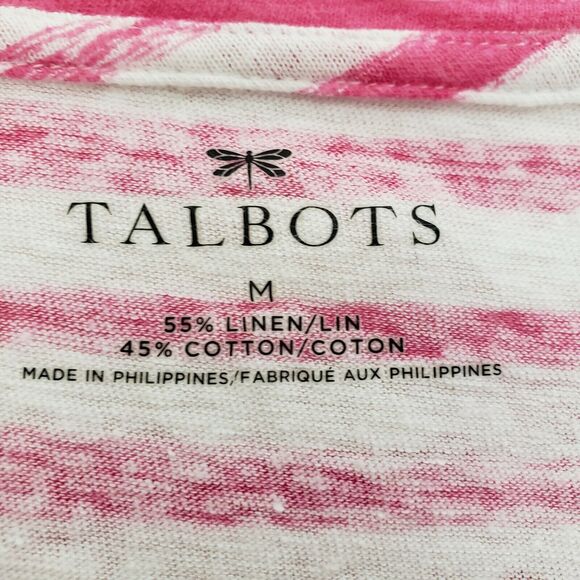 Talbots Womens Top Size Medium Pink White Striped Linen Blend 3/4 Tab Sleeves - Picture 7 of 8